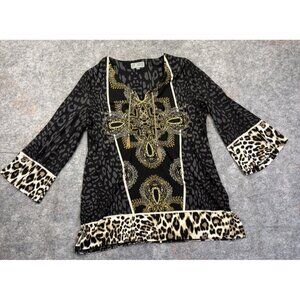 JM Collection Womens Tunic Blouse Animal Print  Knit Medium Quarter Lace Up Med
